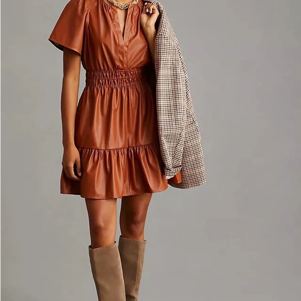 Anthropologie Women’s The Somerset Mini Dress Size 1X Faux Leather Cognac Brown - Picture 4 of 12
